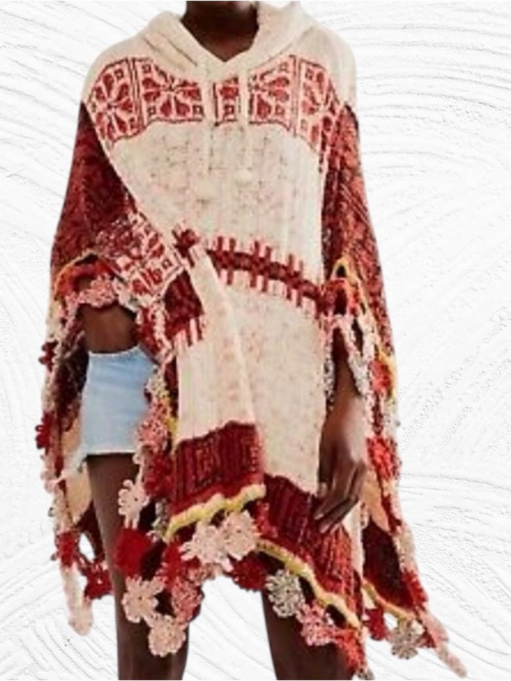 Free People Craft Poncho Gardenia Spice Hooded M/L Boho Grandma Crochet